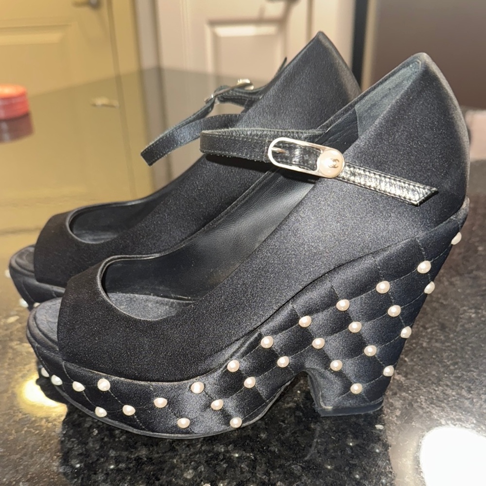 Chanel Black Peep-Toe Platform Wedged Heels with Pearl Accents